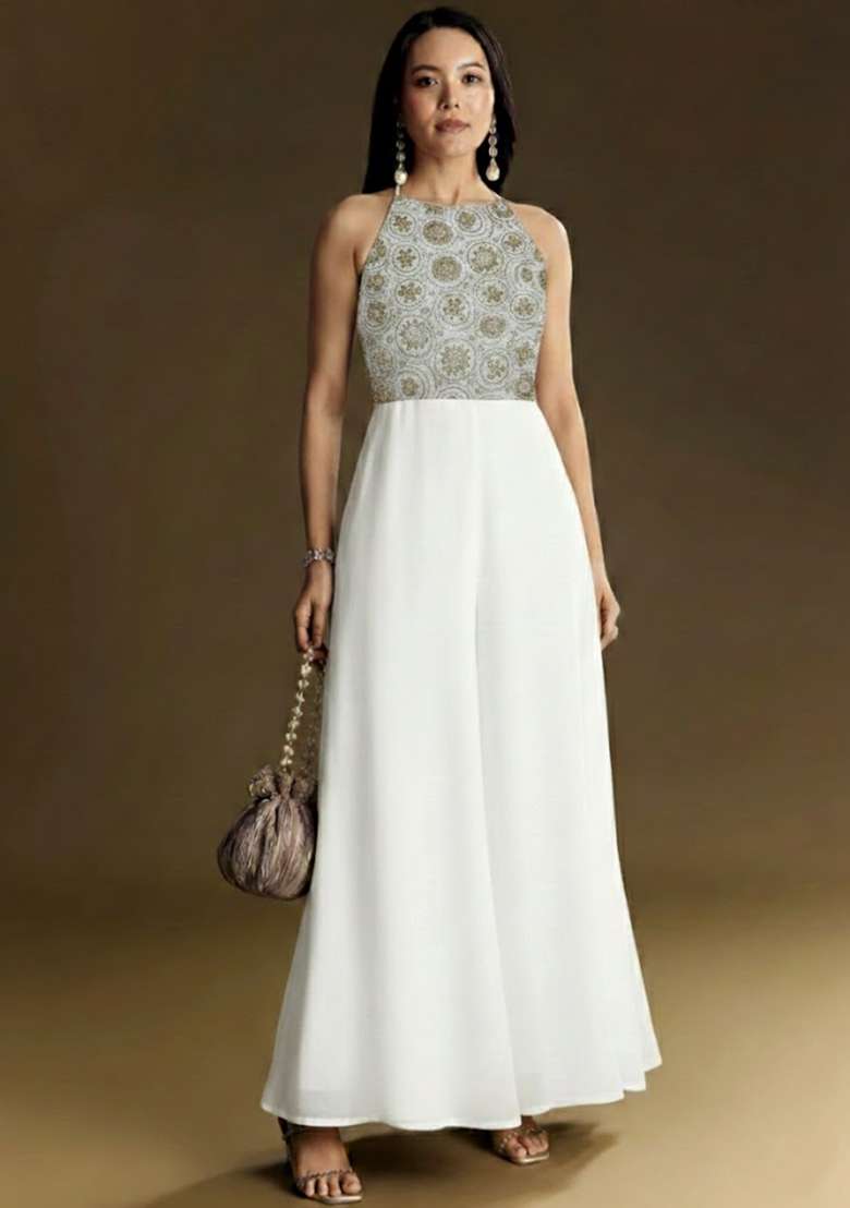 White Embroidered Tissue Fusion Set - Indya