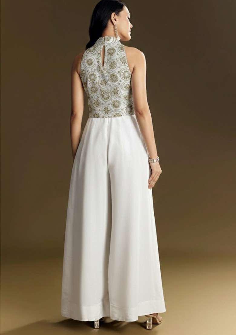 White Embroidered Tissue Fusion Set - Indya