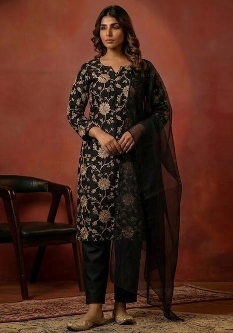 Black Chanderi Kurta Set