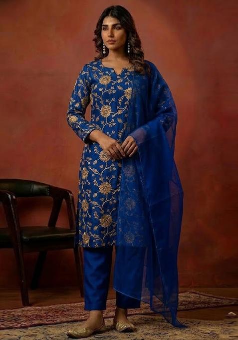 Blue Chanderi Kurta Set