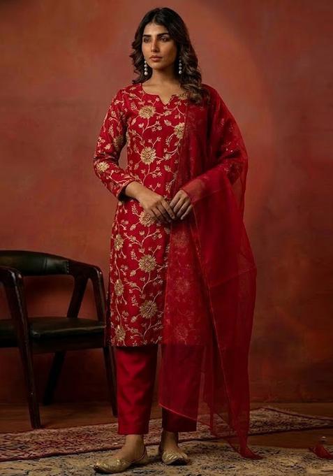 Red Chanderi Kurta Set