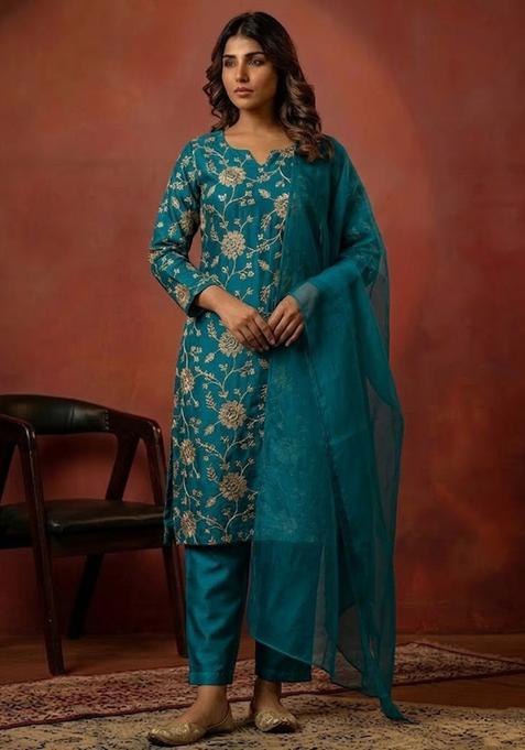 Teal Chanderi Kurta Set