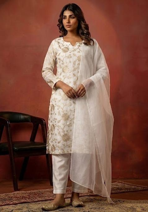 White Chanderi Kurta Set
