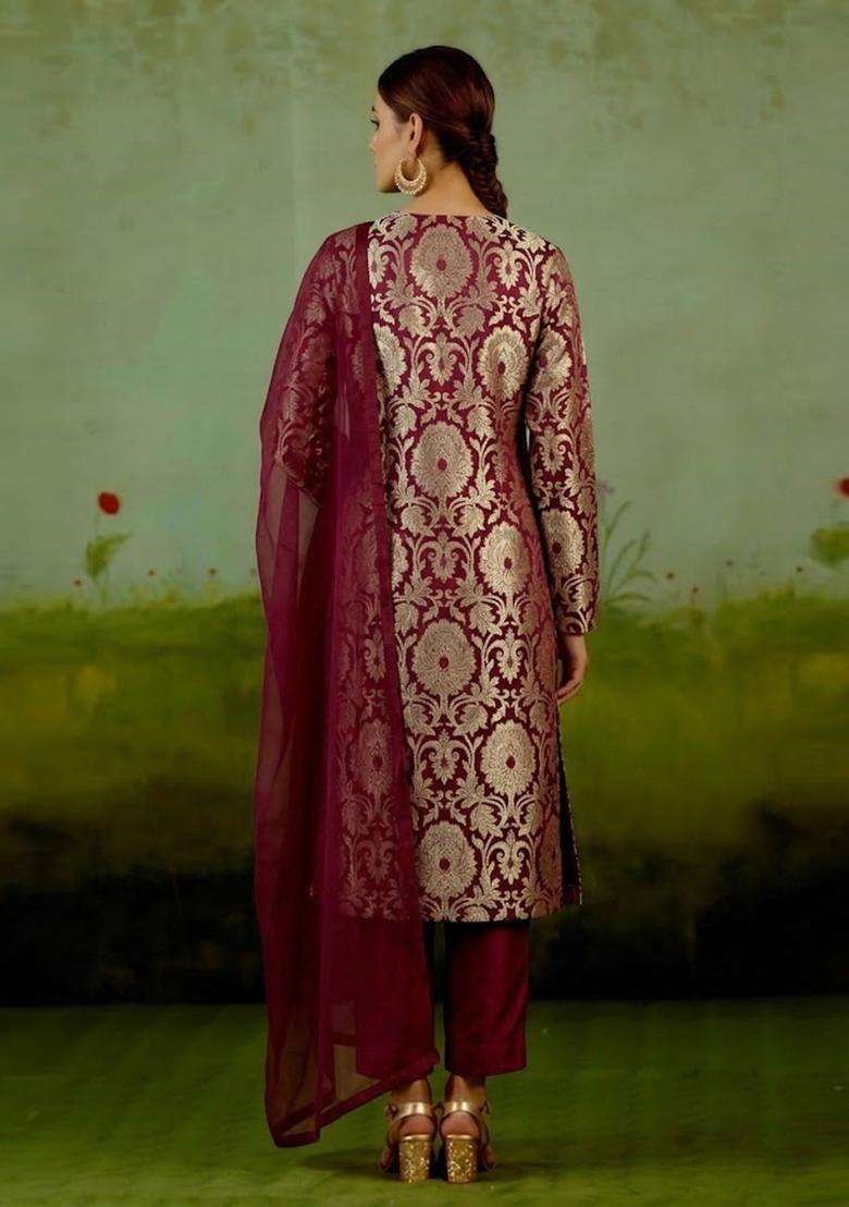 Wine Red Silk Blend Kurta Set - Indya