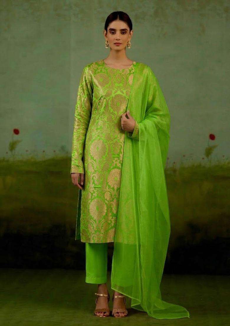 Green Silk Blend Kurta Set - Indya