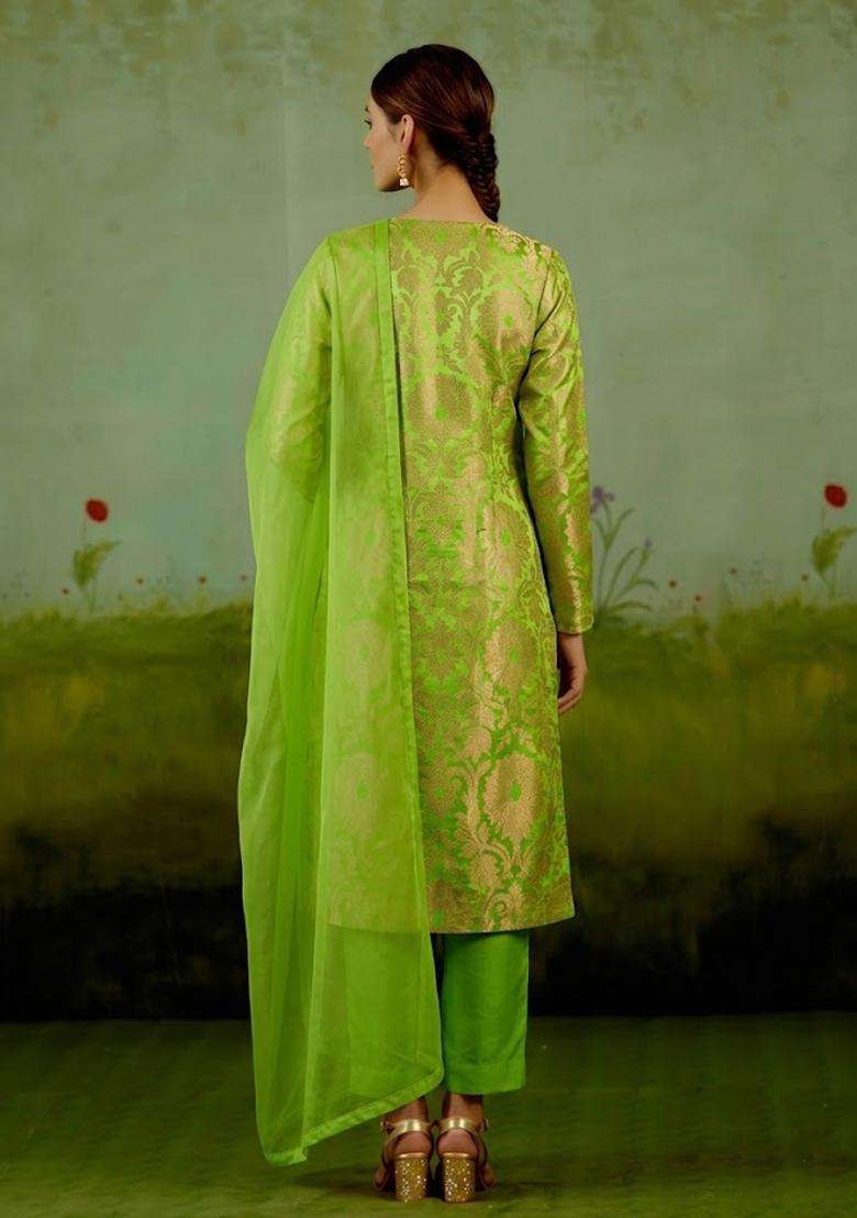 Green Silk Blend Kurta Set - Indya