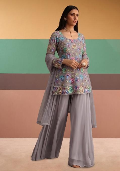 Light Grey Sequin Crepe Sharara Set