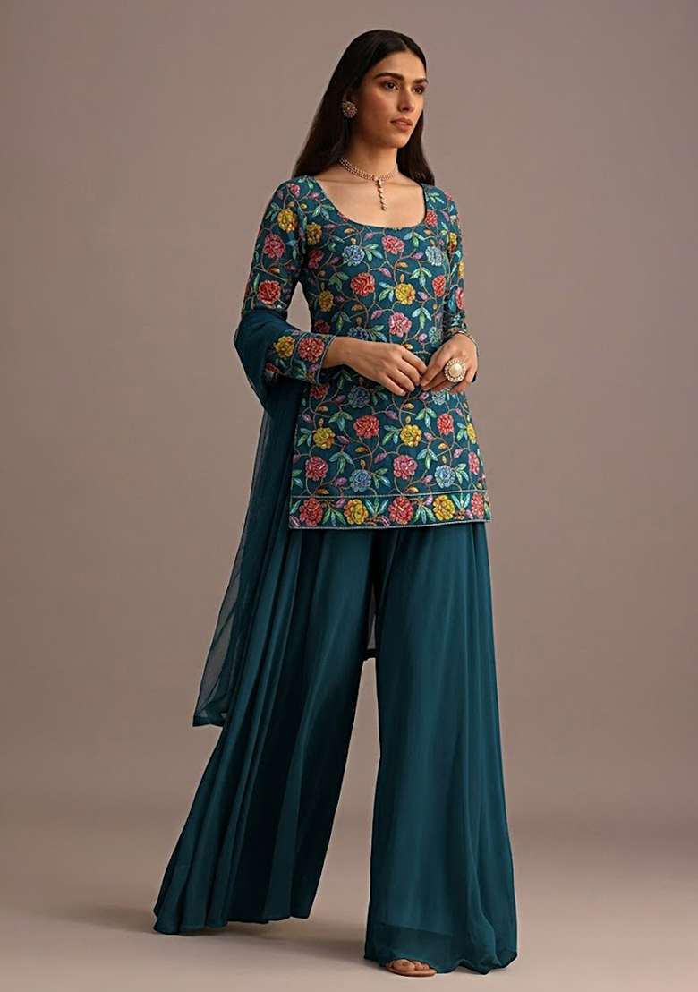Teal Blue Sequin Crepe Sharara Set - Indya