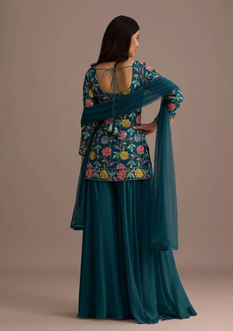 Teal Blue Sequin Crepe Sharara Set - Indya