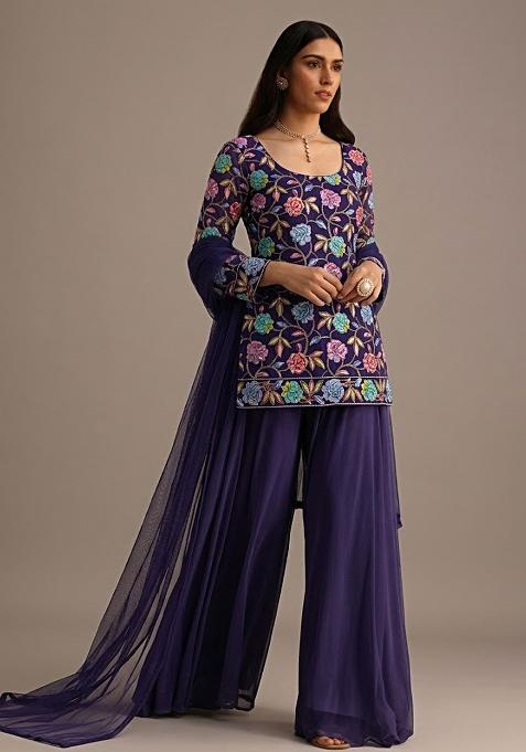 Purple Sequin Crepe Sharara Set