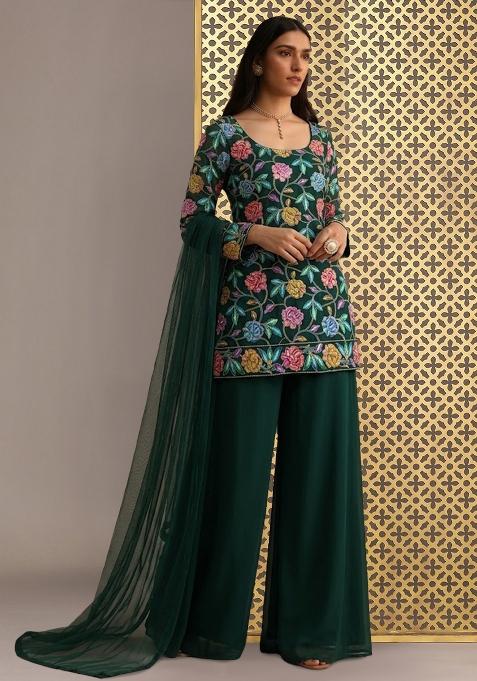 Bottle Green Sequin Crepe Sharara Set