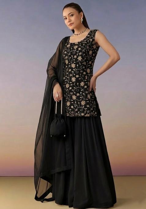 Black Sequin Crepe Sharara Set