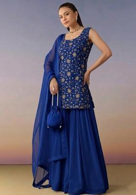 Blue Sequin Crepe Sharara Set