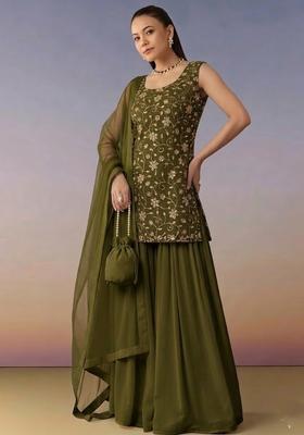 Olive Sequin Crepe Sharara Set