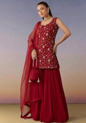 Red Sequin Crepe Sharara Set