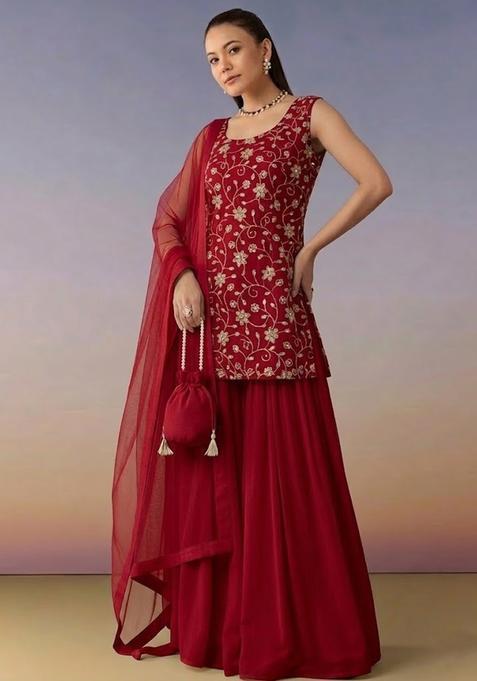 Red Sequin Crepe Sharara Set