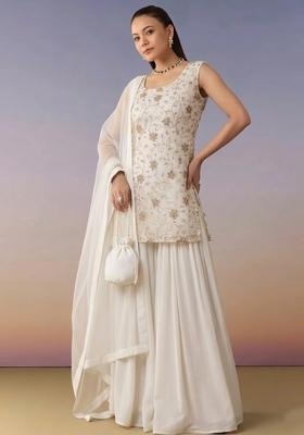 White Sequin Crepe Sharara Set