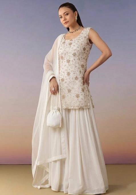 White Sequin Crepe Sharara Set
