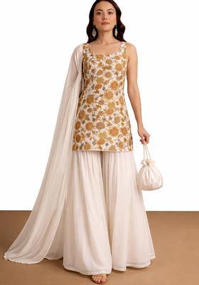 Off White Embroidered Crepe Sharara Set