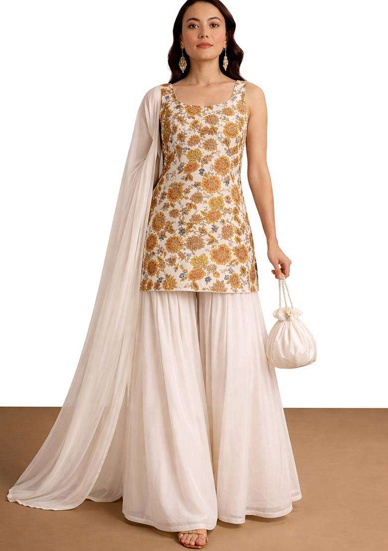 Off White Embroidered Crepe Sharara Set - Indya