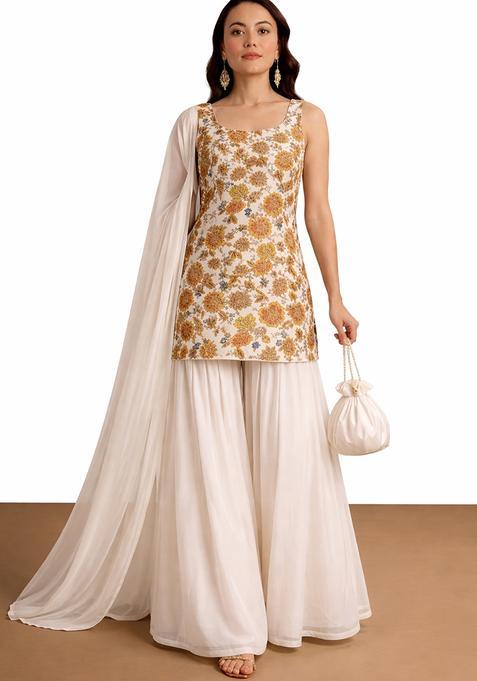 Off White Embroidered Crepe Sharara Set