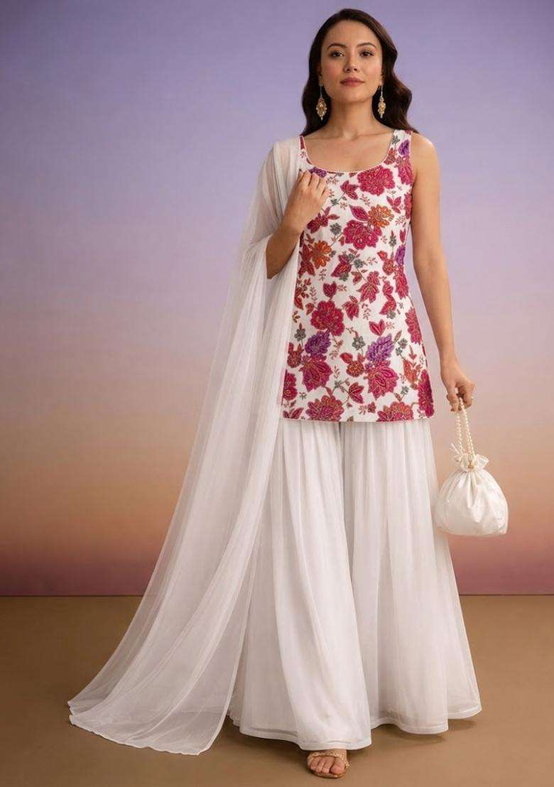 Ivory Embroidered Crepe Sharara Set - Indya