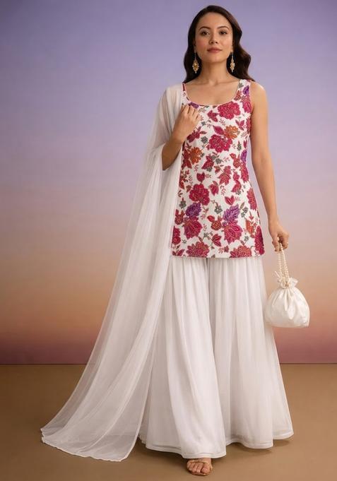 Ivory Embroidered Crepe Sharara Set