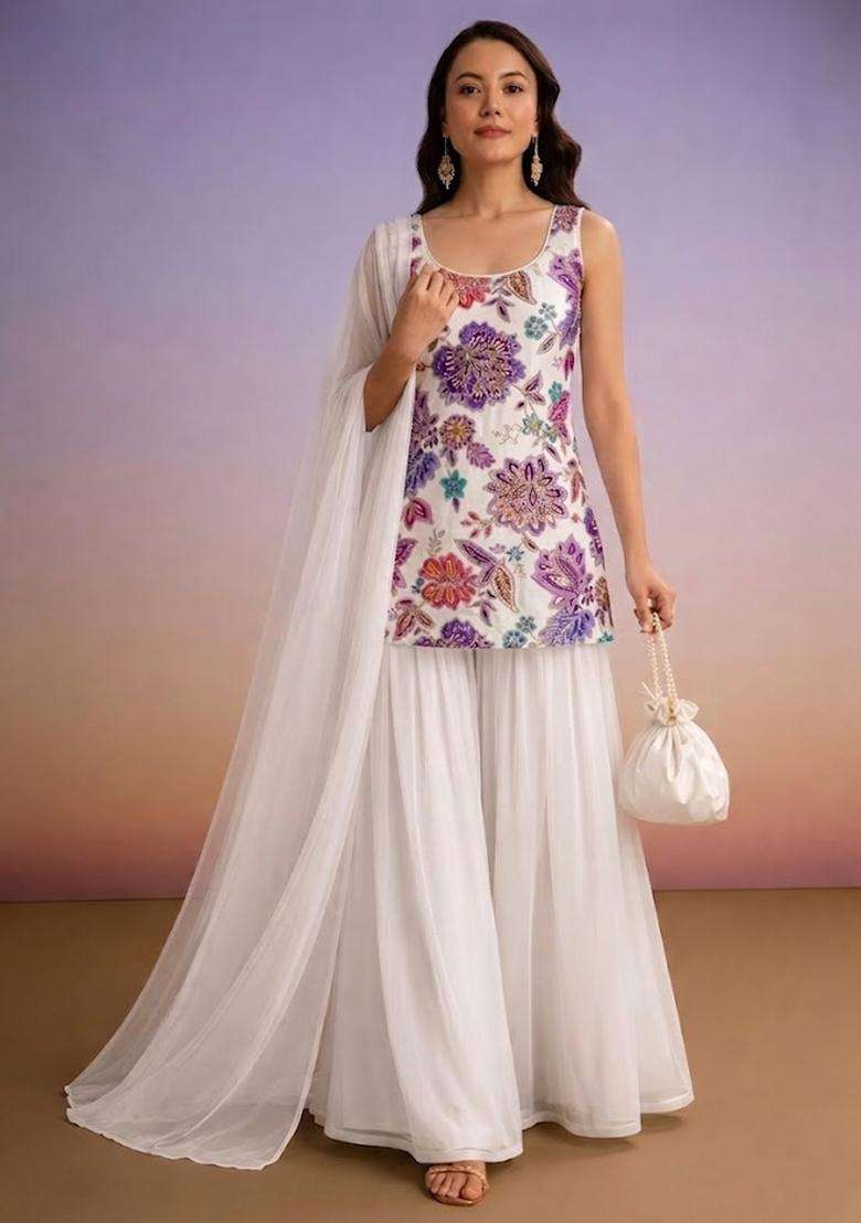 Off White Embroidered Crepe Sharara Set - Indya