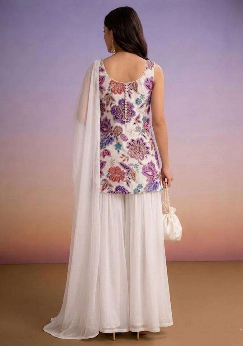 Off White Embroidered Crepe Sharara Set - Indya