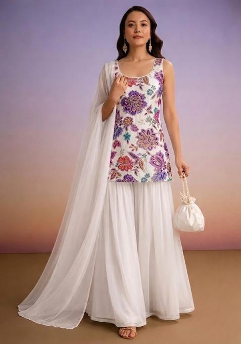 Off White Embroidered Crepe Sharara Set