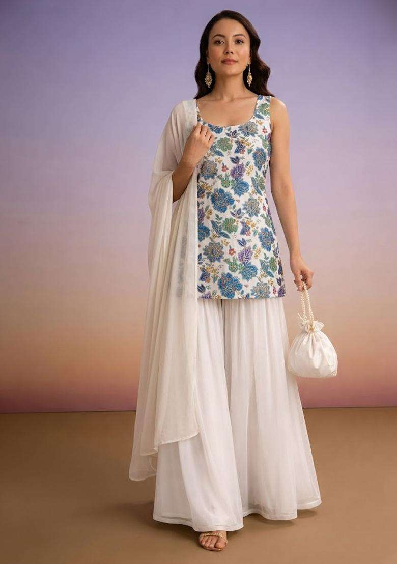 Ivory Embroidered Crepe Sharara Set - Indya