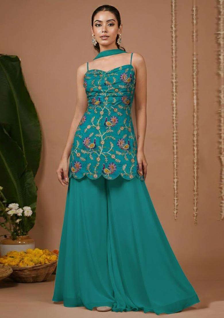Teal Green Floral Print Crepe Sharara Set - Indya