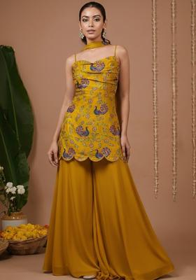 Mustard Floral Print Crepe Sharara Set