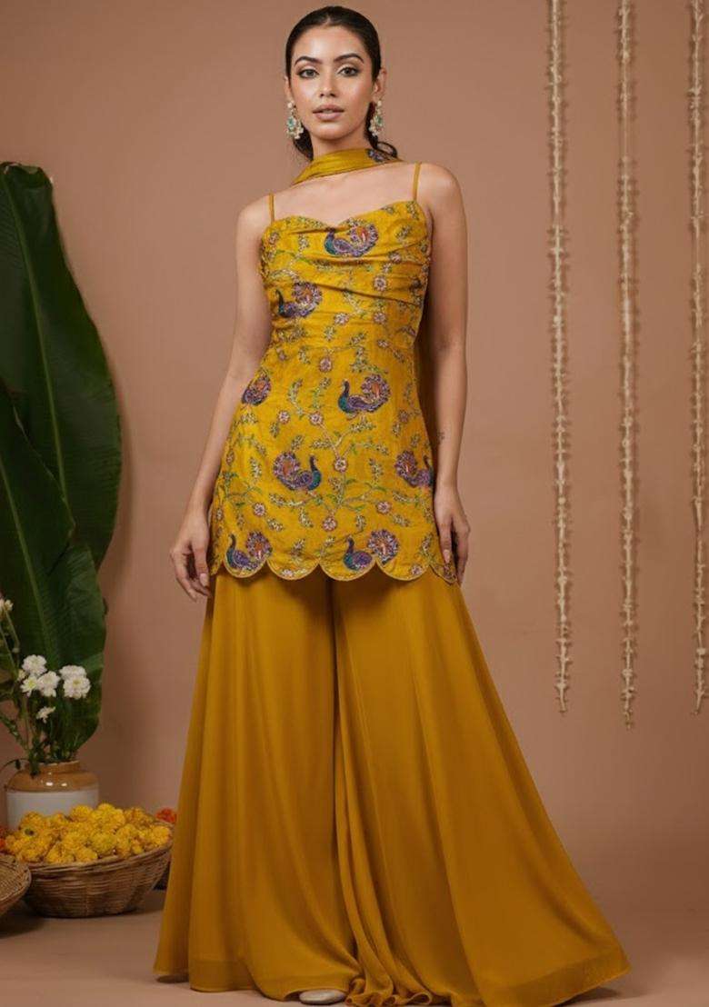 Mustard Floral Print Crepe Sharara Set - Indya