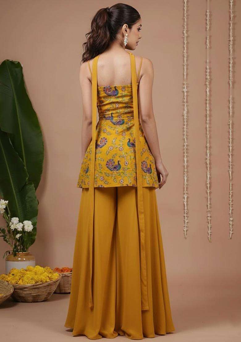 Mustard Floral Print Crepe Sharara Set - Indya