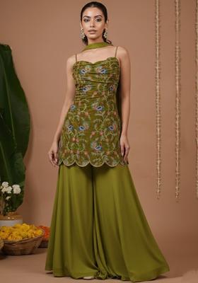 Olive Green Floral Print Crepe Sharara Set