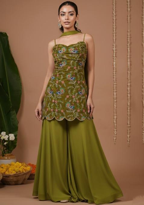 Olive Green Floral Print Crepe Sharara Set