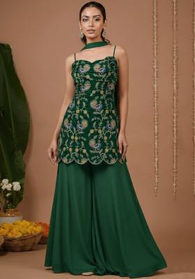 Green Floral Print Crepe Sharara Set