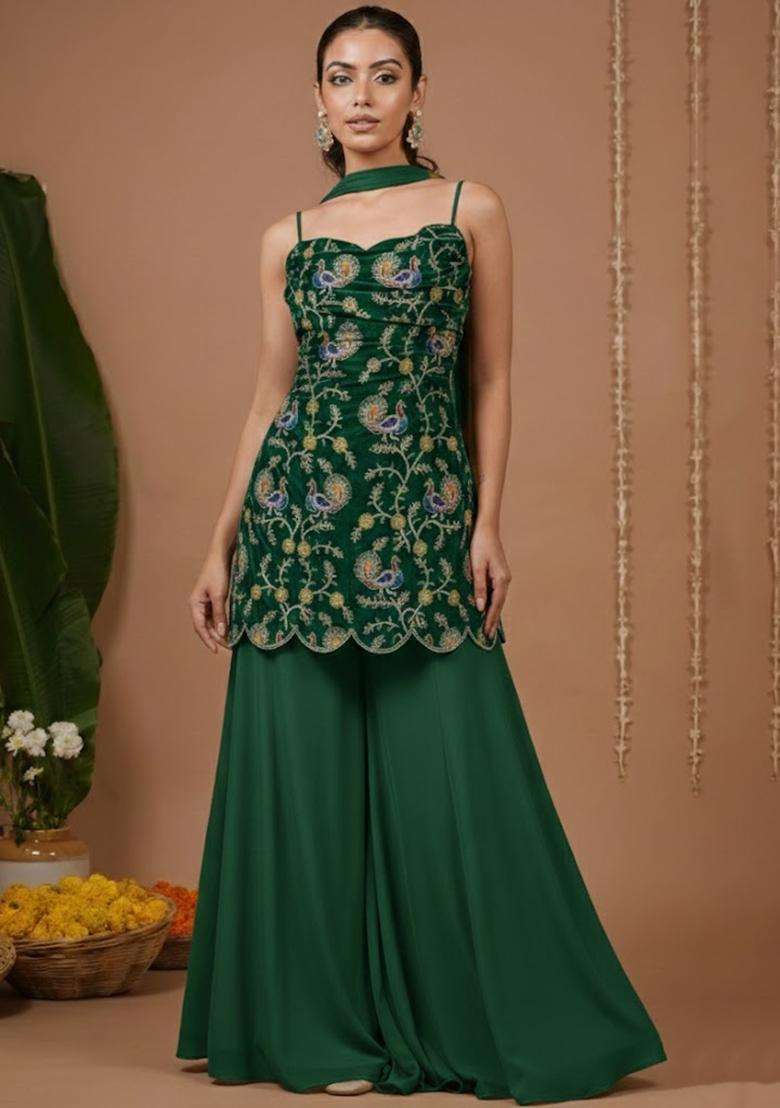 Green Floral Print Crepe Sharara Set - Indya