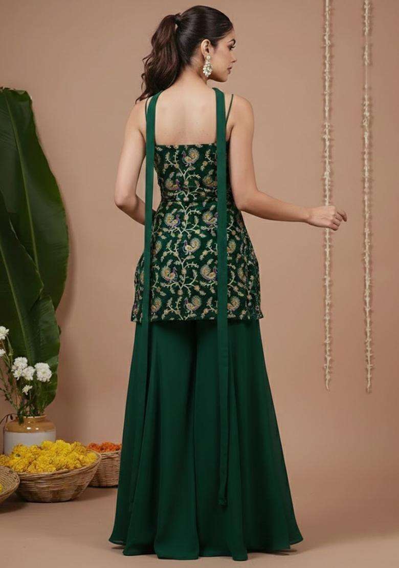 Green Floral Print Crepe Sharara Set - Indya