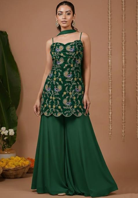 Green Floral Print Crepe Sharara Set