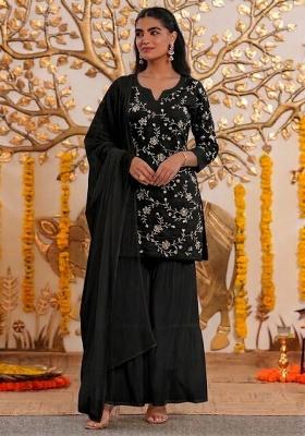 Black Embroidered Chanderi Sharara Set