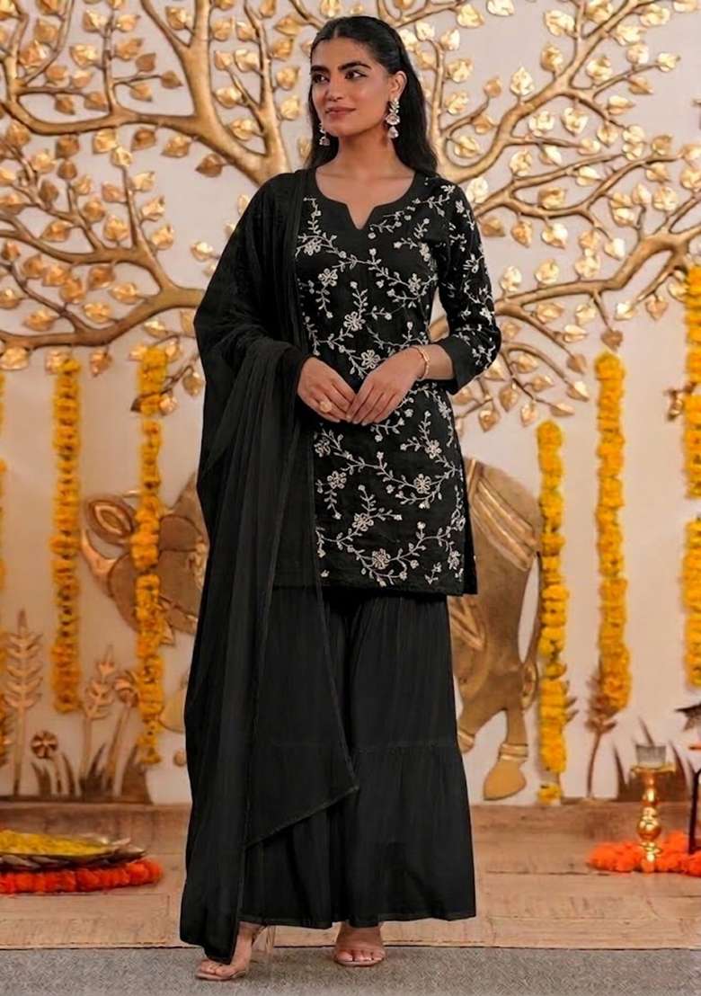 Black Embroidered Chanderi Sharara Set - Indya