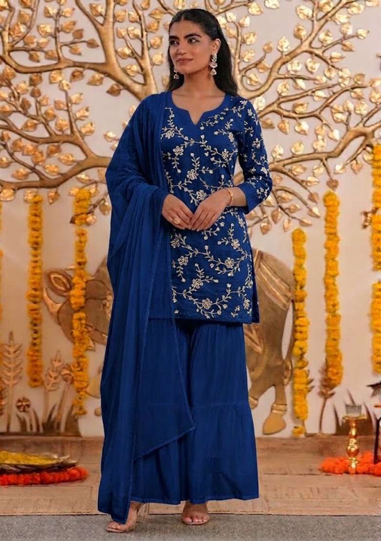 Blue Embroidered Chanderi Sharara Set - Indya