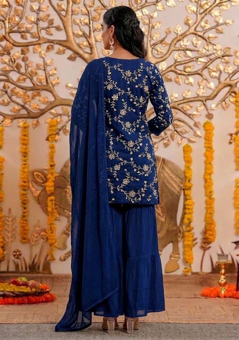 Blue Embroidered Chanderi Sharara Set - Indya
