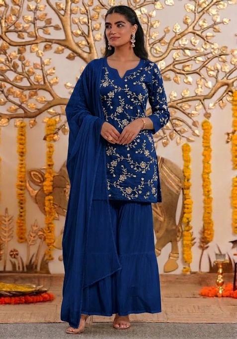 Blue Embroidered Chanderi Sharara Set