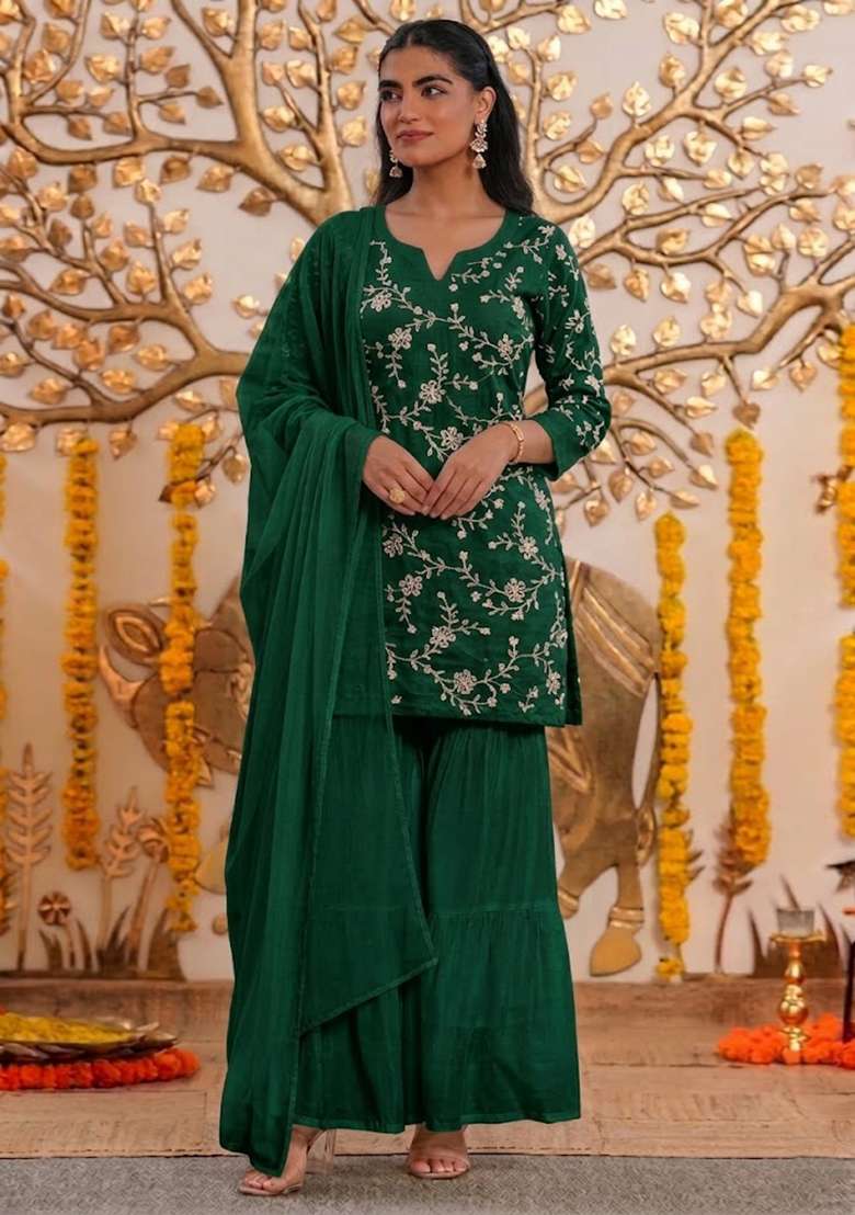 Green Embroidered Chanderi Sharara Set - Indya