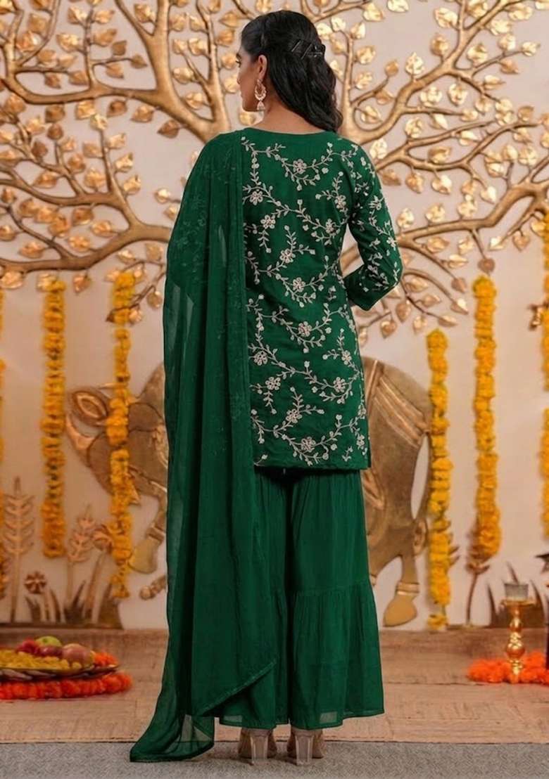 Green Embroidered Chanderi Sharara Set - Indya