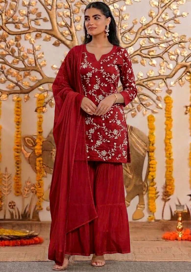 Red Embroidered Chanderi Sharara Set - Indya