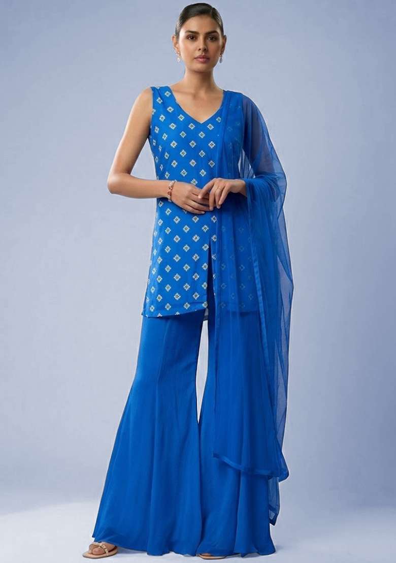 Royal Blue Booti Print Chinon Sharara Set - Indya